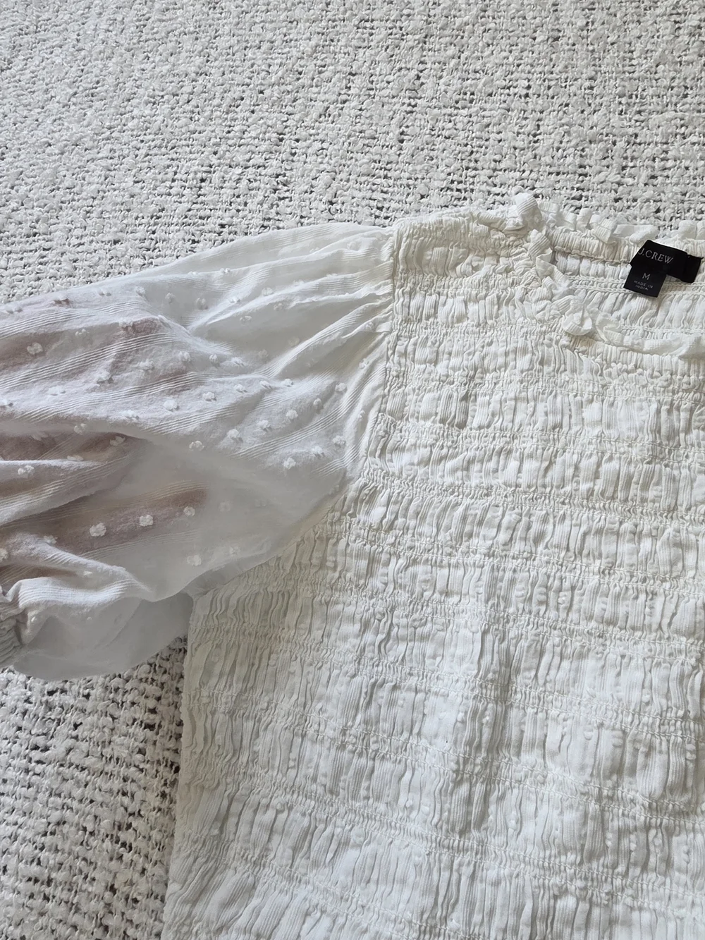 J. Crew White Smocked Puff Sleeve Blouse